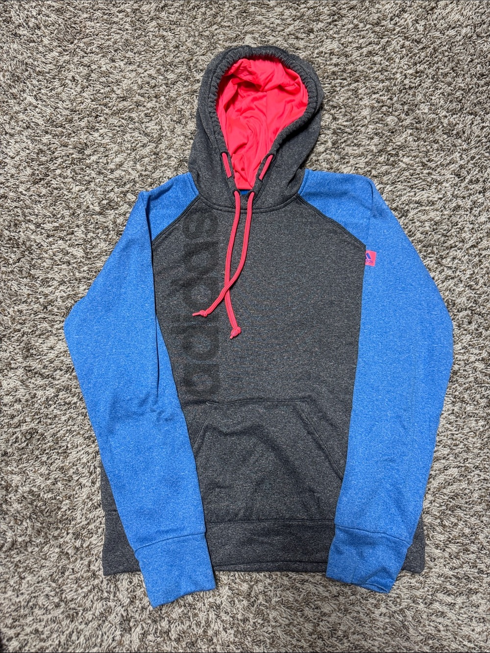 Adidas Charcoal Hoodie with Blue Sleeves and Pink Hood